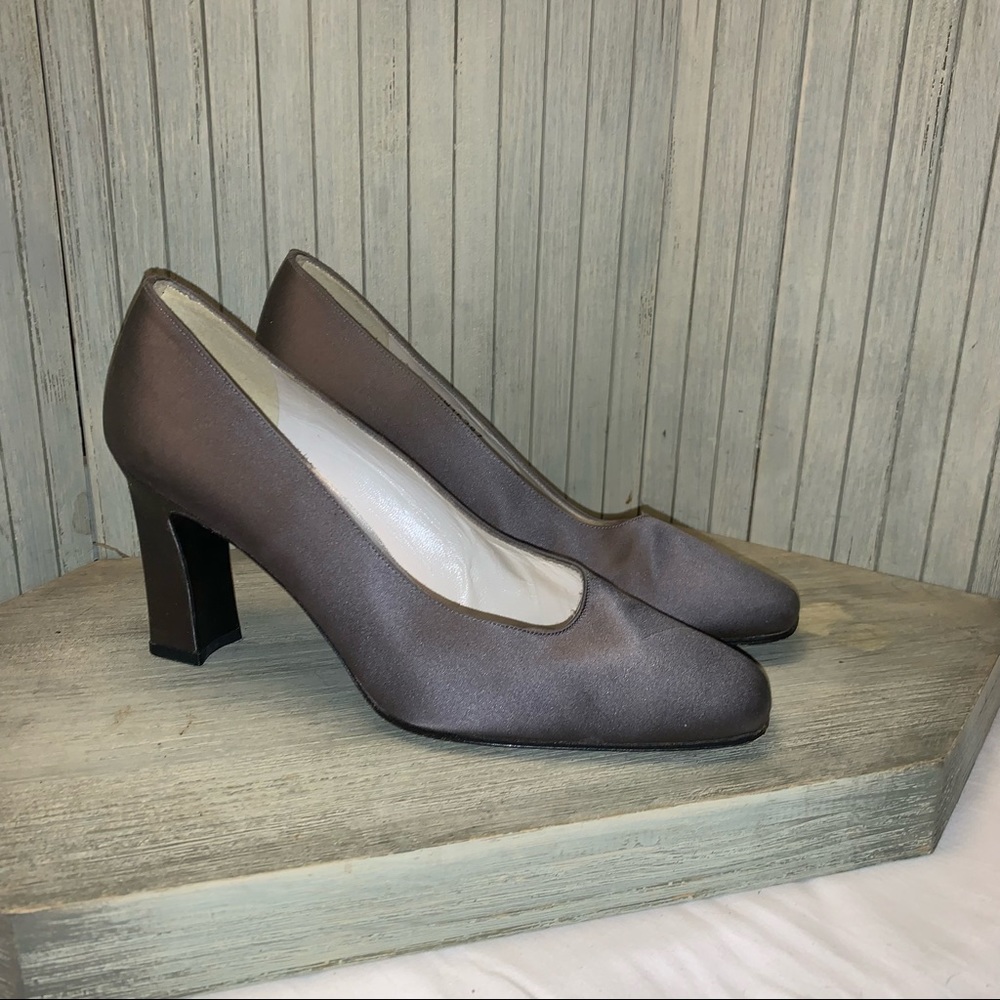 Stuart Weitzman Gray Satin Block Heels 8